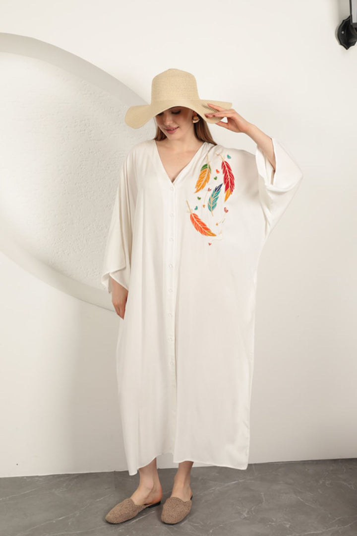 KKT Viscose Leaf Embroidered Dress-Ecru - Ames