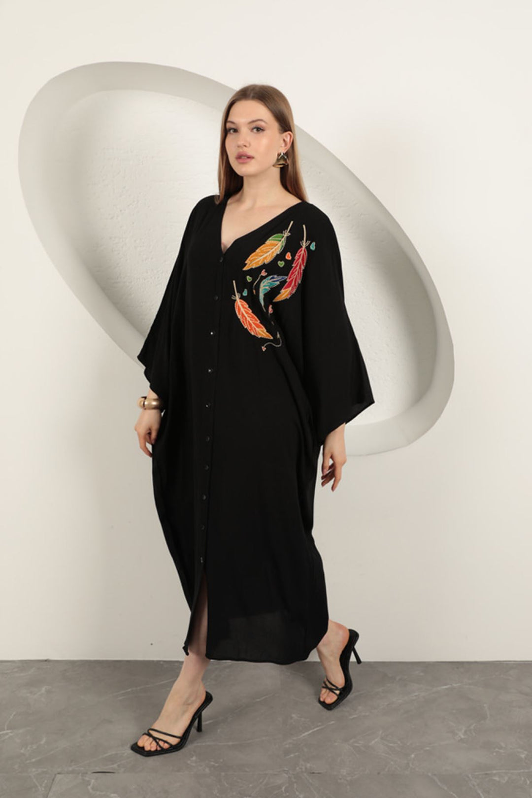 KKT Viscose Leaf Embroidered Dress-Black - Brugherio
