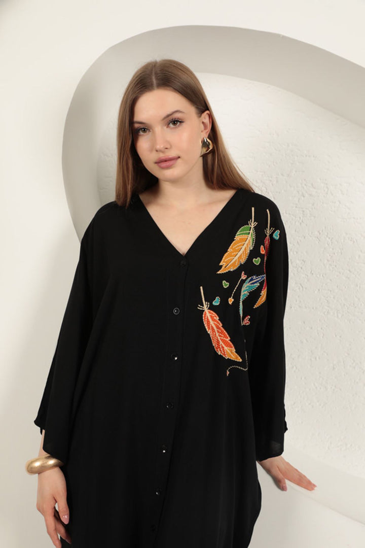 KKT Viscose Leaf Embroidered Dress-Black - Brugherio