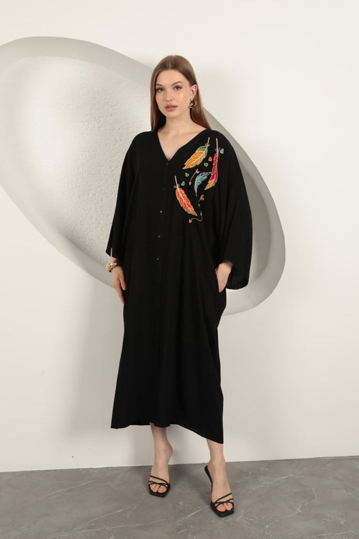 KKT Viscose Leaf Embroidered Dress-Black - Brugherio