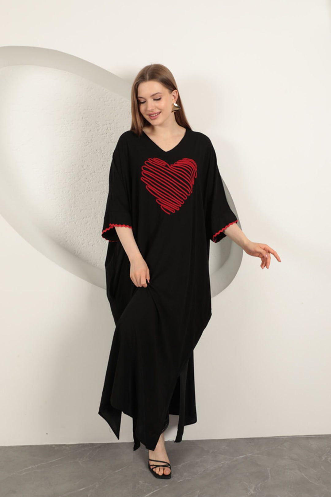 KKT Viscose Heart Embroidered Dress-Black - Alameda