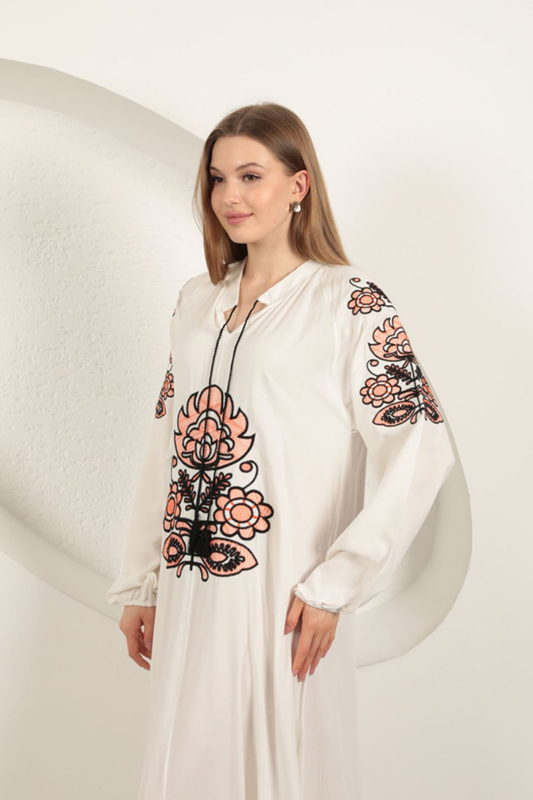 KKT Viscose Fabric Embroidered Dress-Ecru - Merseburg