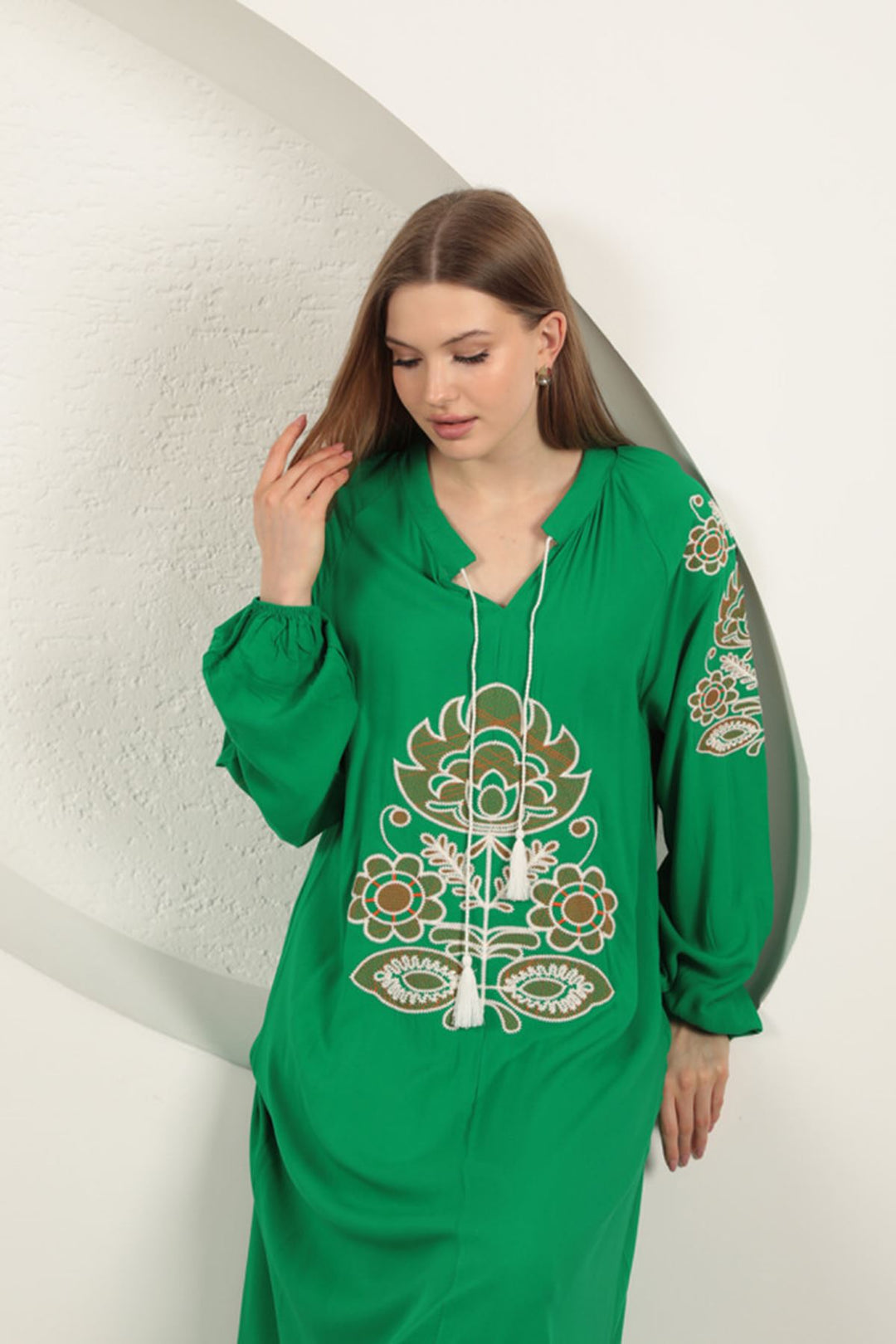 KKT Viscose Fabric Embroidered Dress-Green - Palma