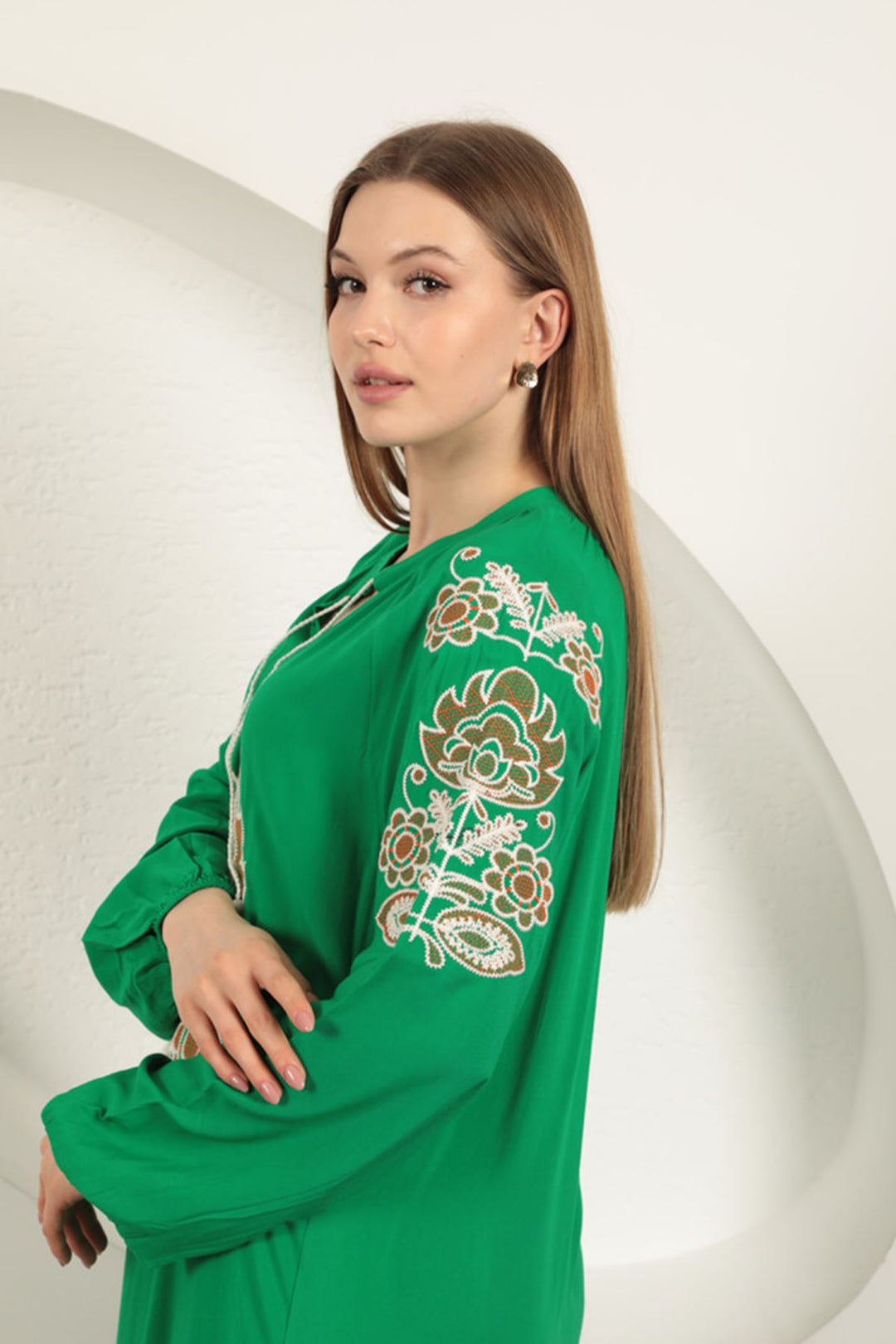 KKT Viscose Fabric Embroidered Dress-Green - Palma