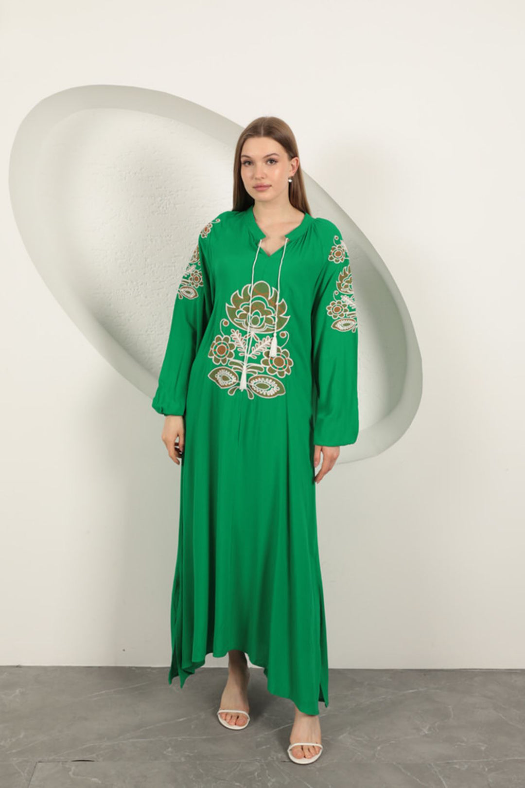 KKT Viscose Fabric Embroidered Dress-Green - Palma