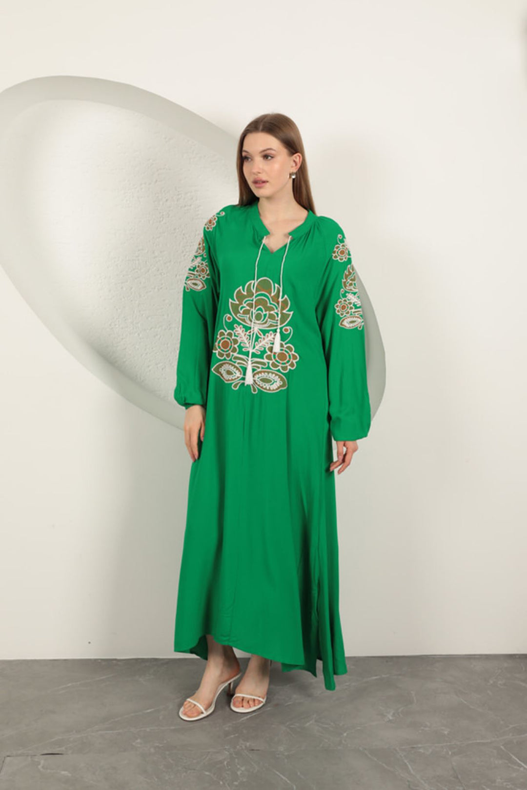 KKT Viscose Fabric Embroidered Dress-Green - Palma