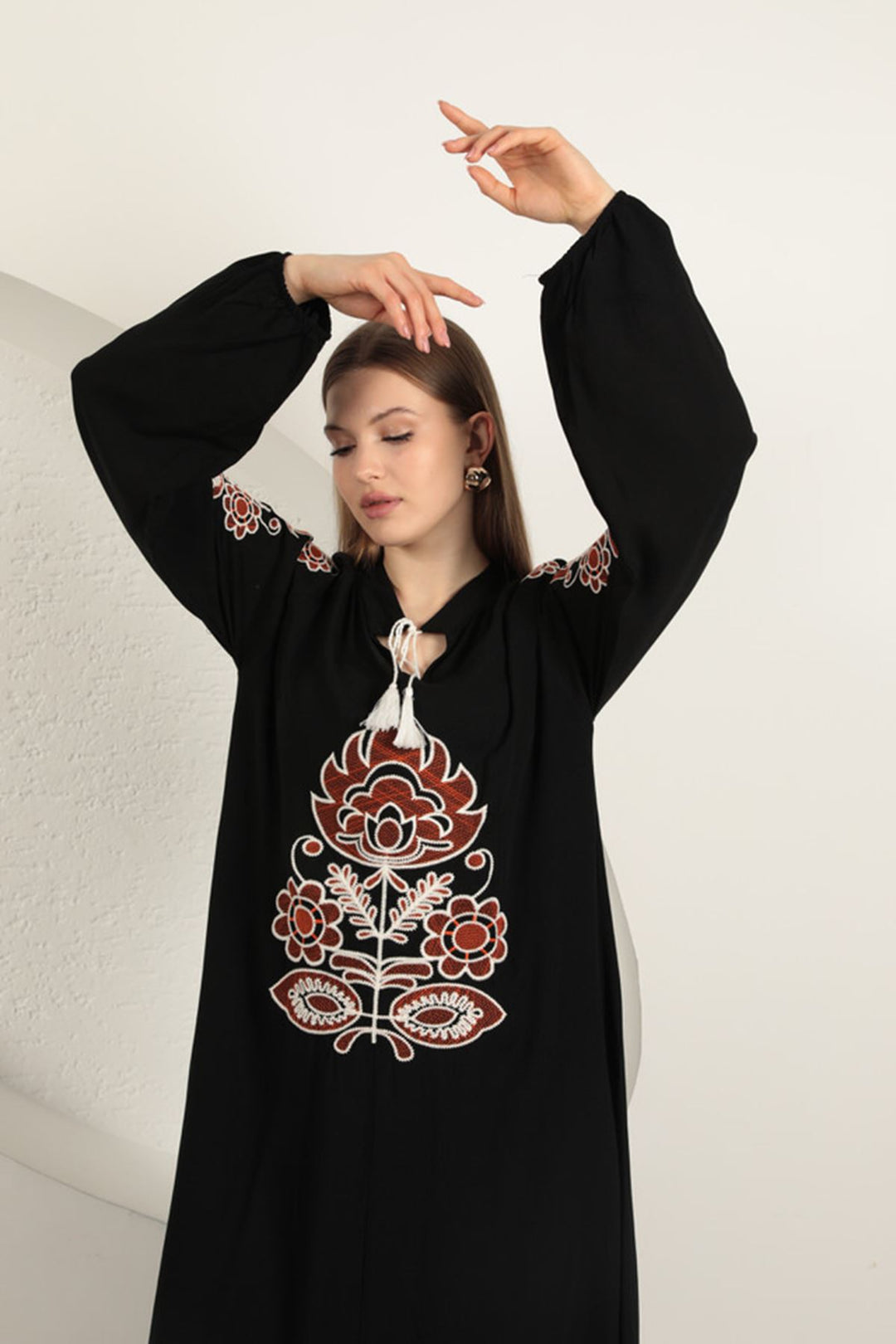 KKT Viscose Fabric Embroidered Dress-Black - Imola