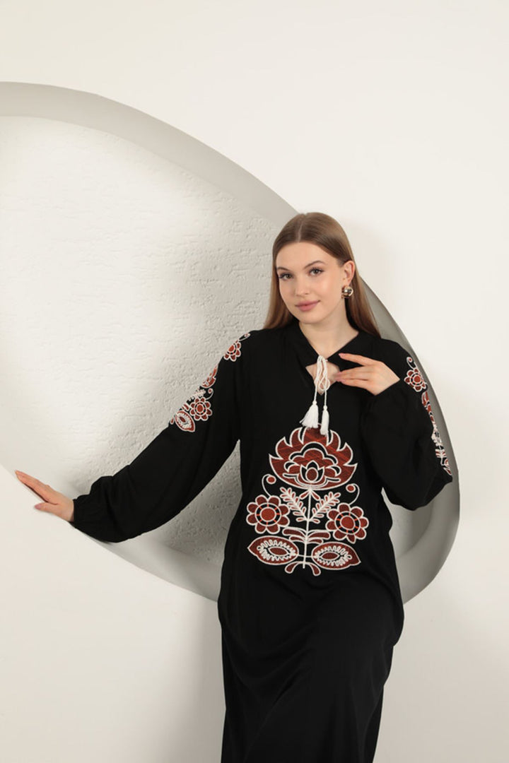 KKT Viscose Fabric Embroidered Dress-Black - Imola