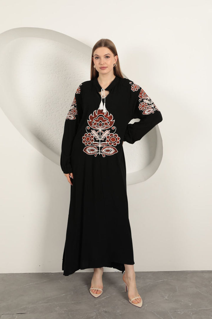KKT Viscose Fabric Embroidered Dress-Black - Imola