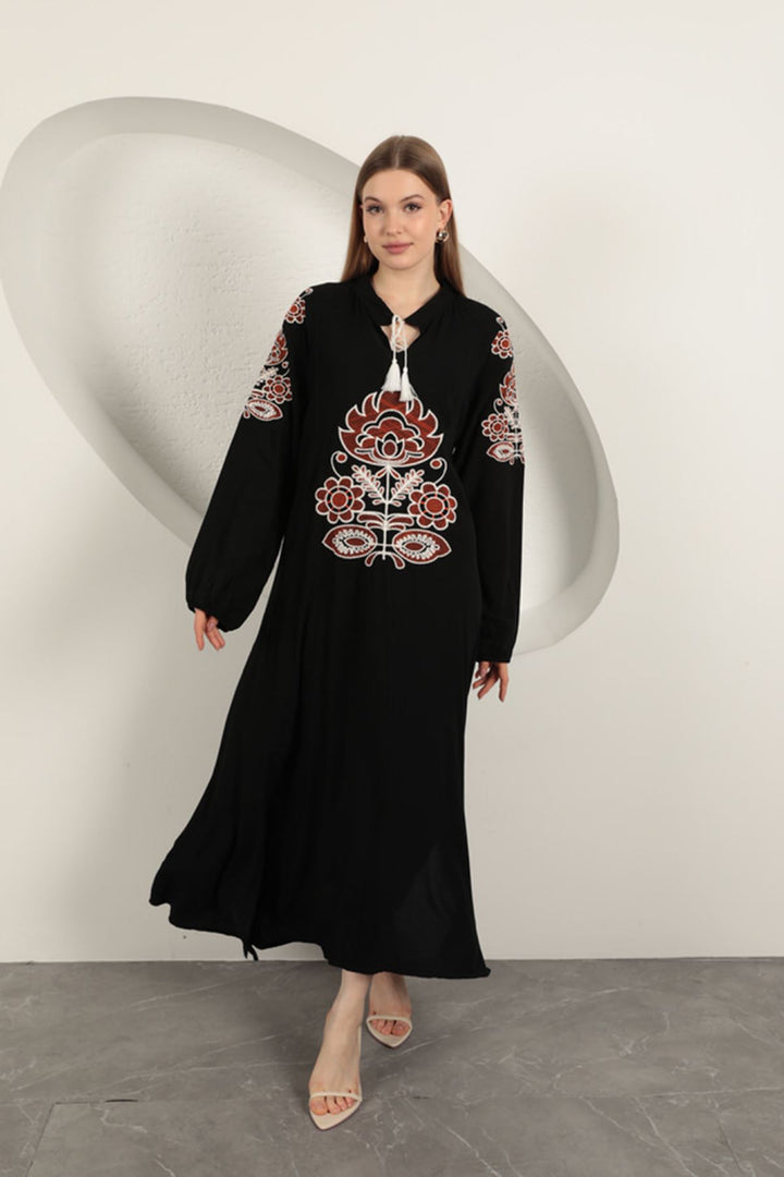 KKT Viscose Fabric Embroidered Dress-Black - Imola