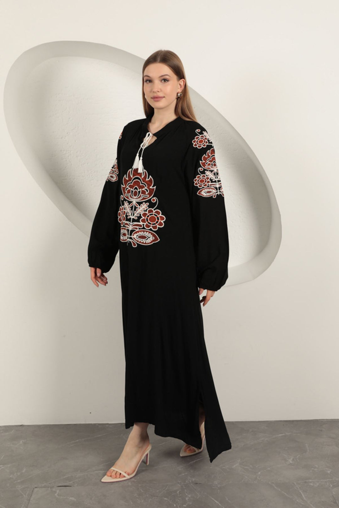 KKT Viscose Fabric Embroidered Dress-Black - Imola