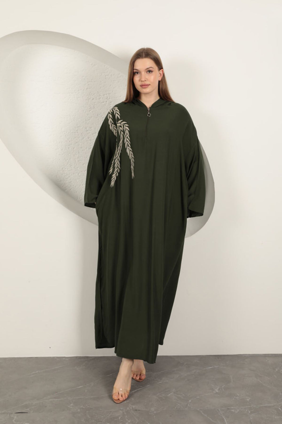 KKT Viscose Leaf Embroidered Dress-Khaki - Dunkerque