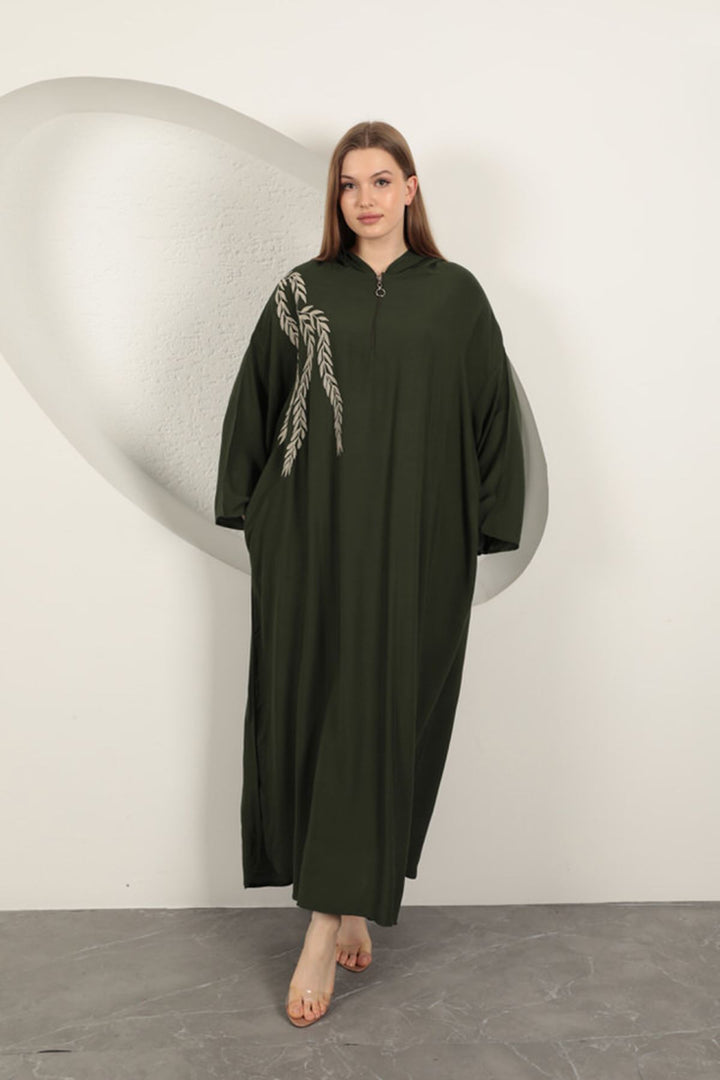 KKT Viscose Leaf Embroidered Dress-Khaki - Dunkerque