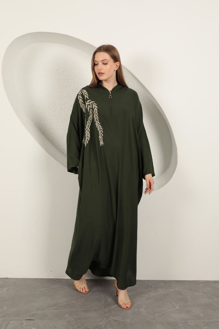 KKT Viscose Leaf Embroidered Dress-Khaki - Dunkerque