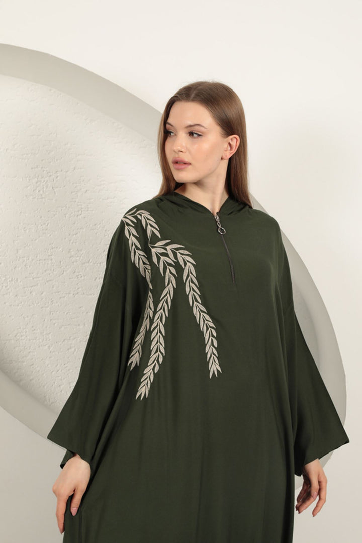 KKT Viscose Leaf Embroidered Dress-Khaki - Dunkerque