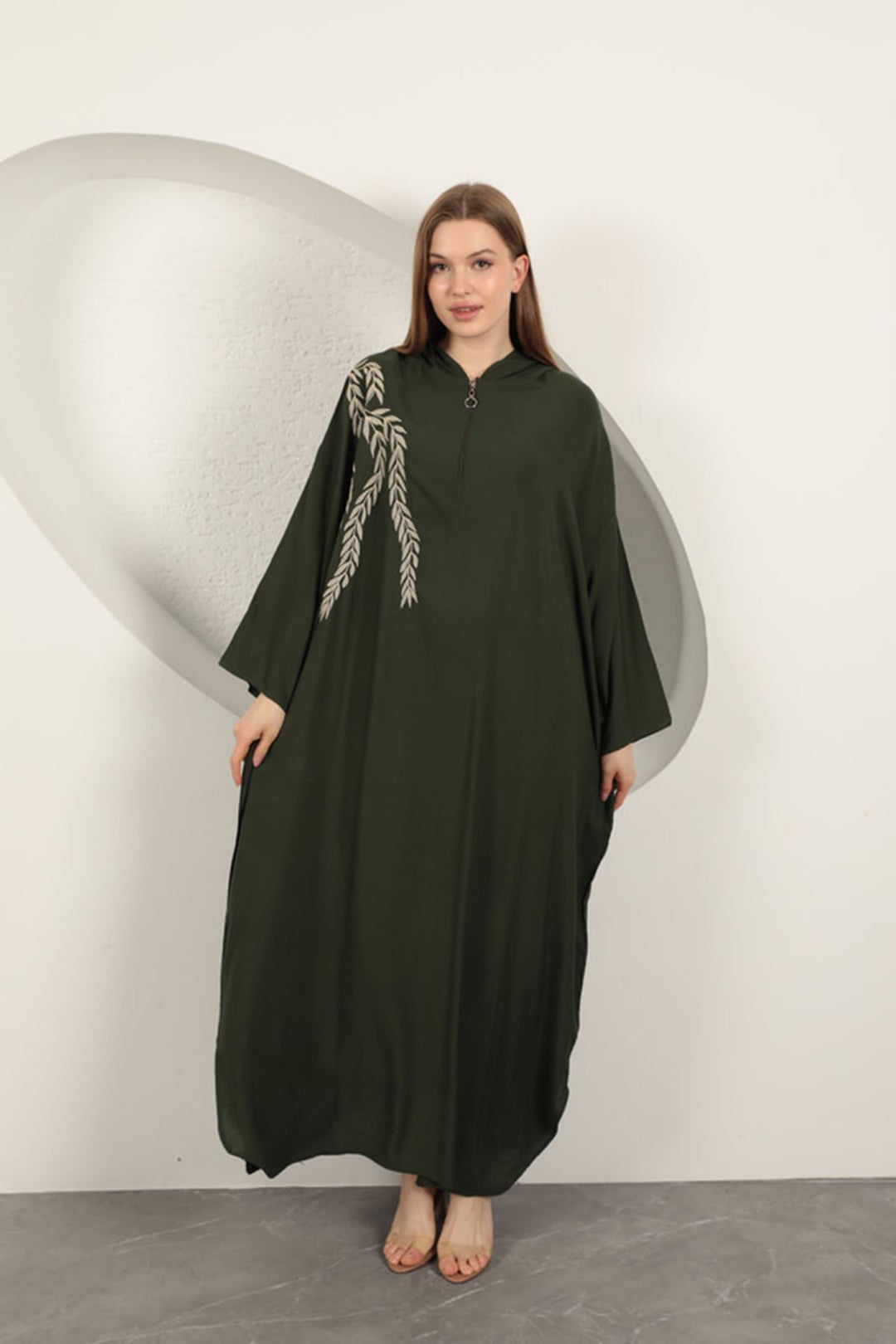 KKT Viscose Leaf Embroidered Dress-Khaki - Dunkerque