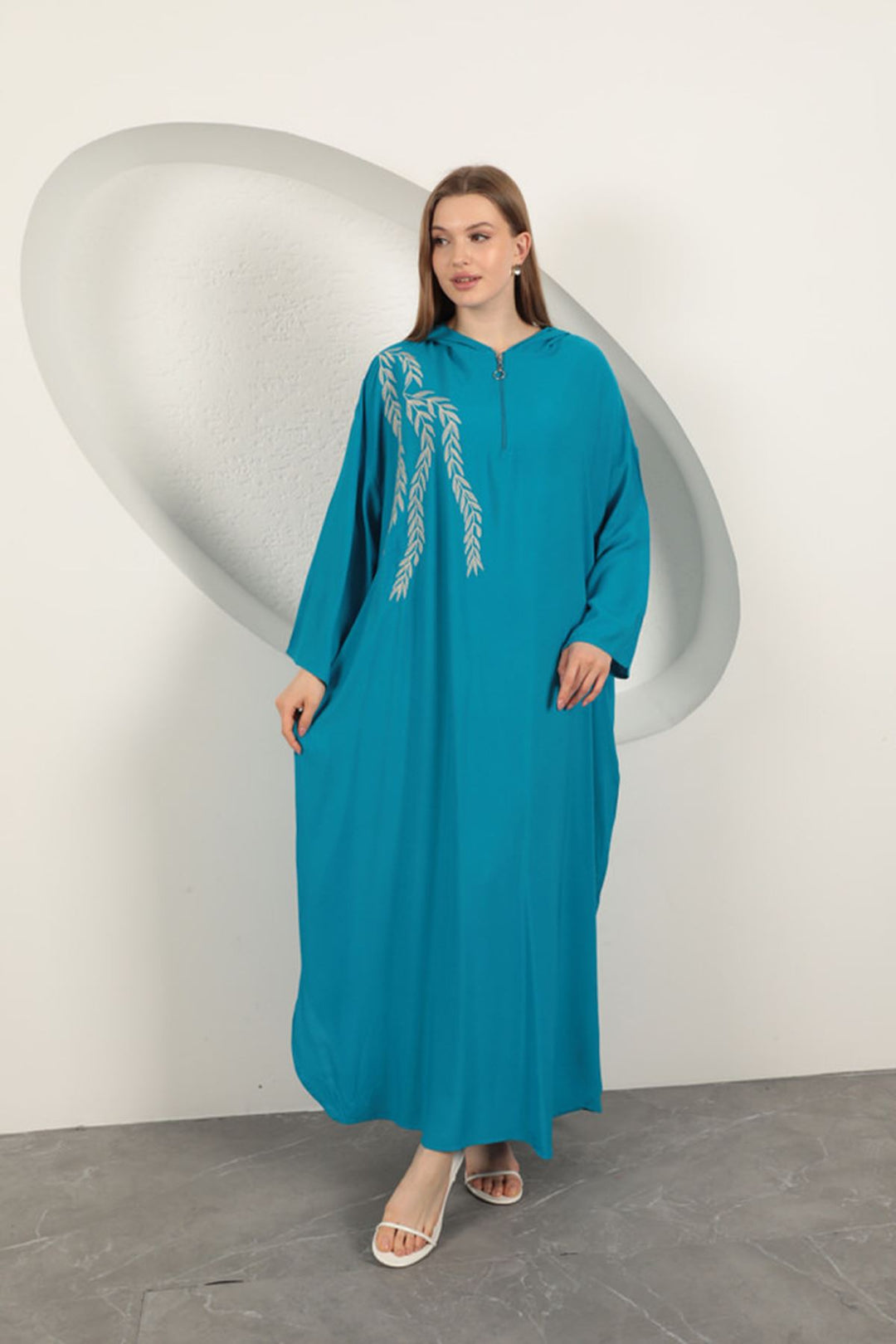 KKT Viscose Leaf Embroidered Dress-Blue - Delft