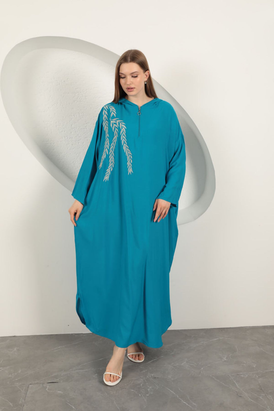 KKT Viscose Leaf Embroidered Dress-Blue - Delft