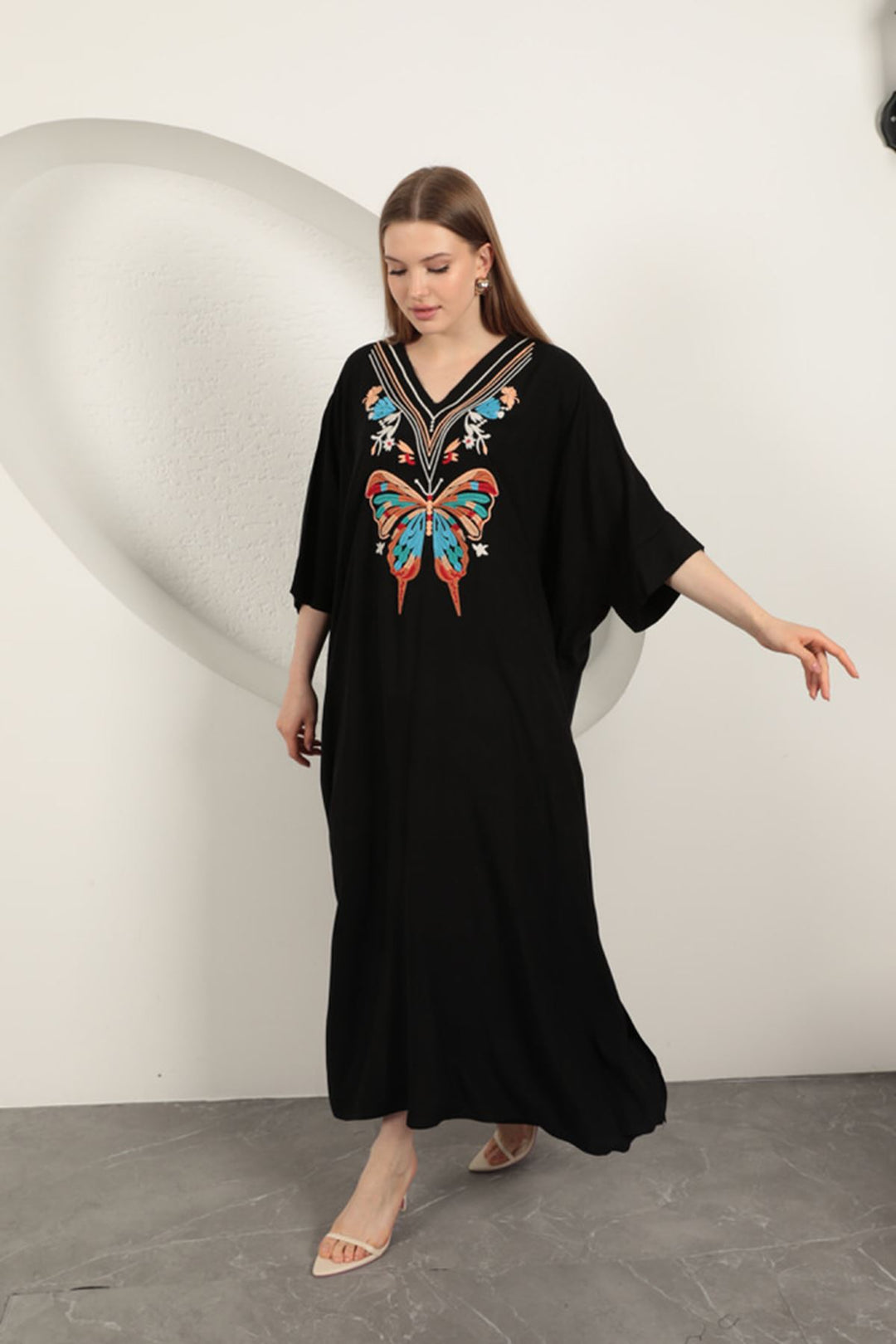 KKT Viscose Collar Butterfly Embroidered Dress-Black - San Javier