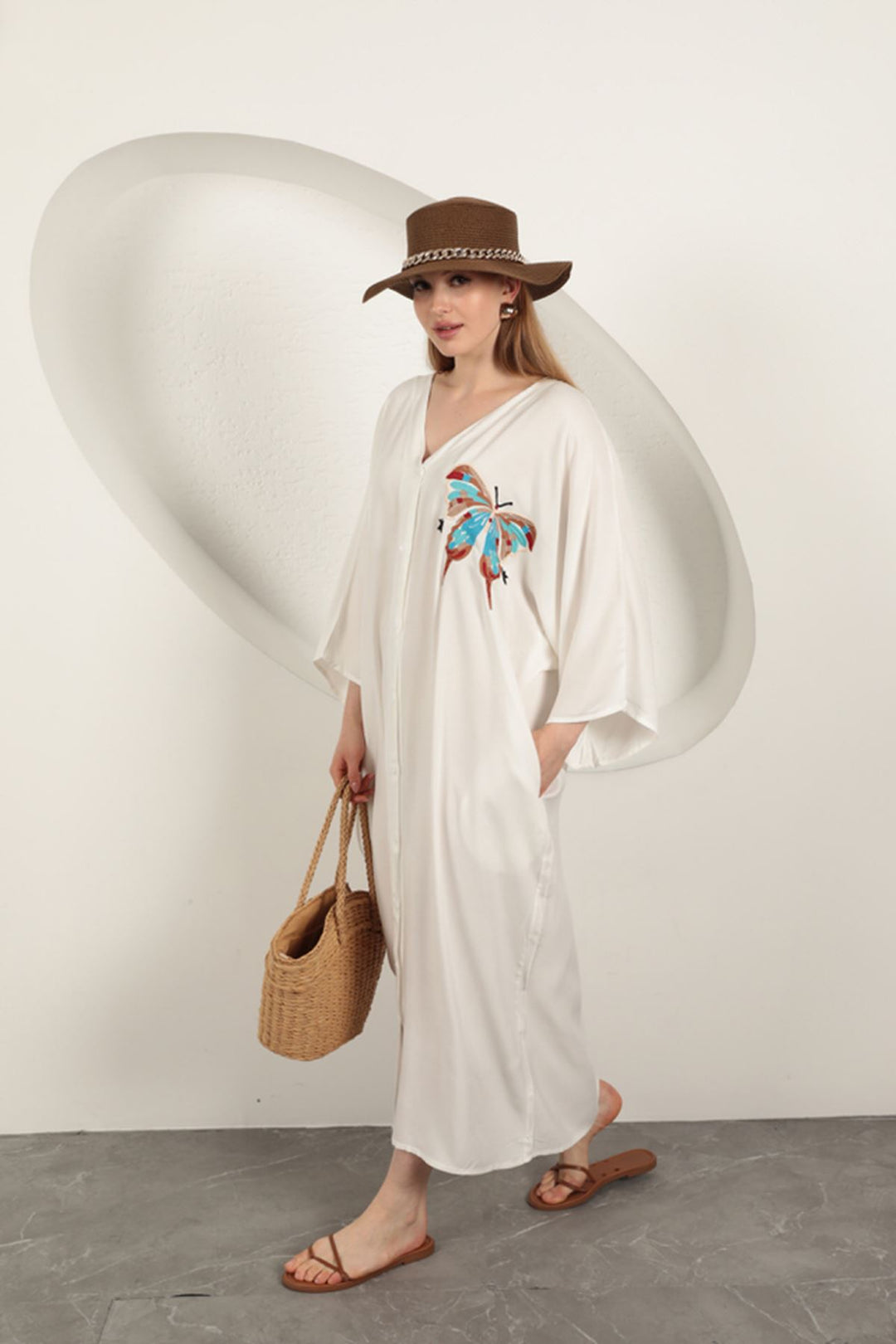 KKT Viscose Fabric Butterfly Embroidered Dress-Ecru - Blois