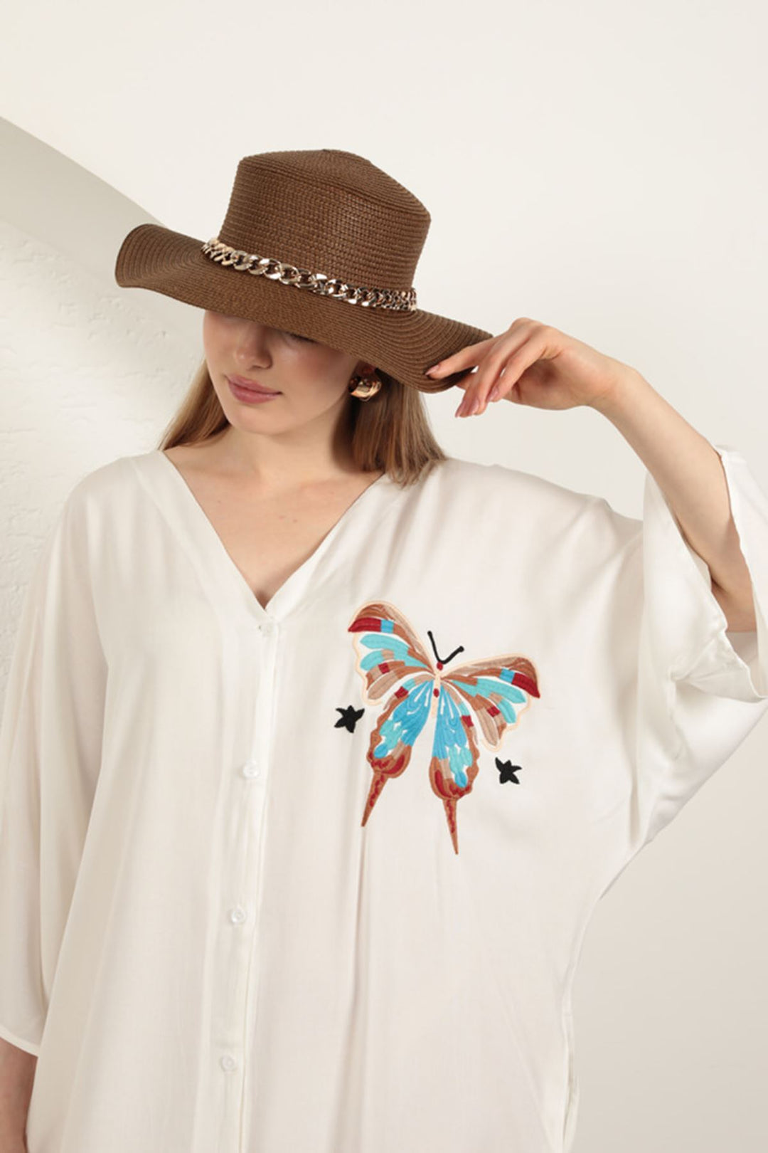 KKT Viscose Fabric Butterfly Embroidered Dress-Ecru - Blois