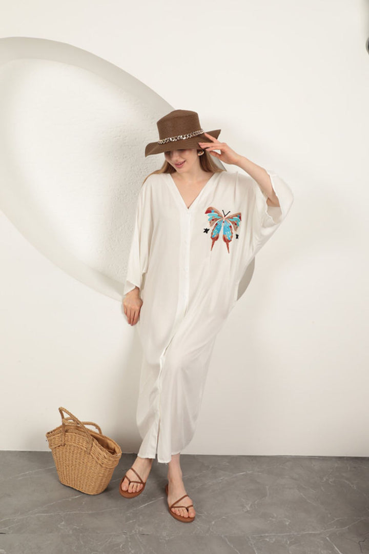 KKT Viscose Fabric Butterfly Embroidered Dress-Ecru - Blois