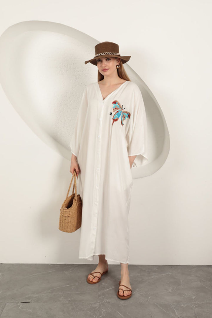 KKT Viscose Fabric Butterfly Embroidered Dress-Ecru - Blois