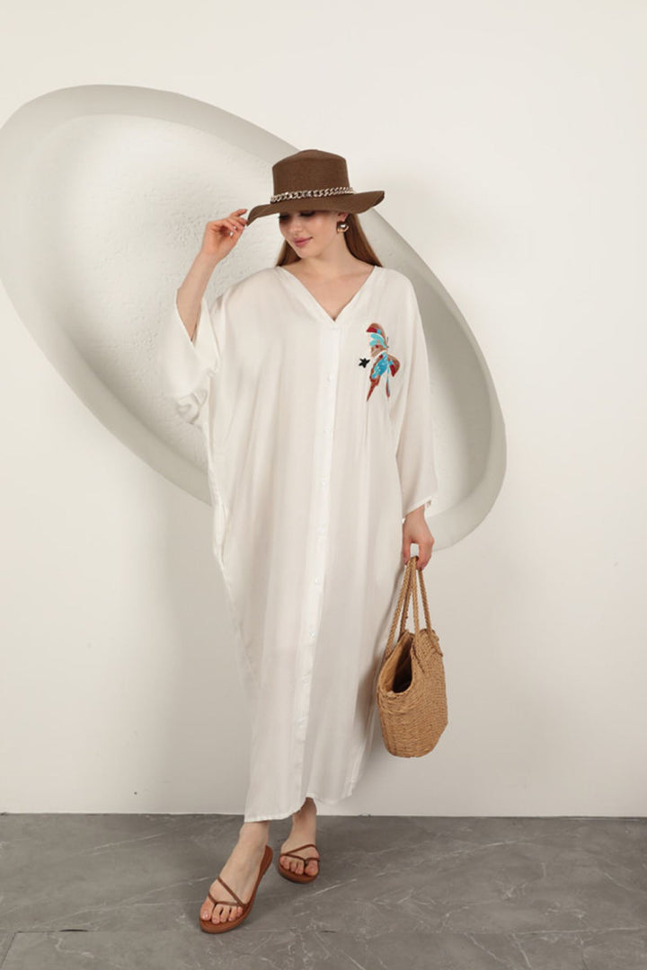 KKT Viscose Fabric Butterfly Embroidered Dress-Ecru - Blois