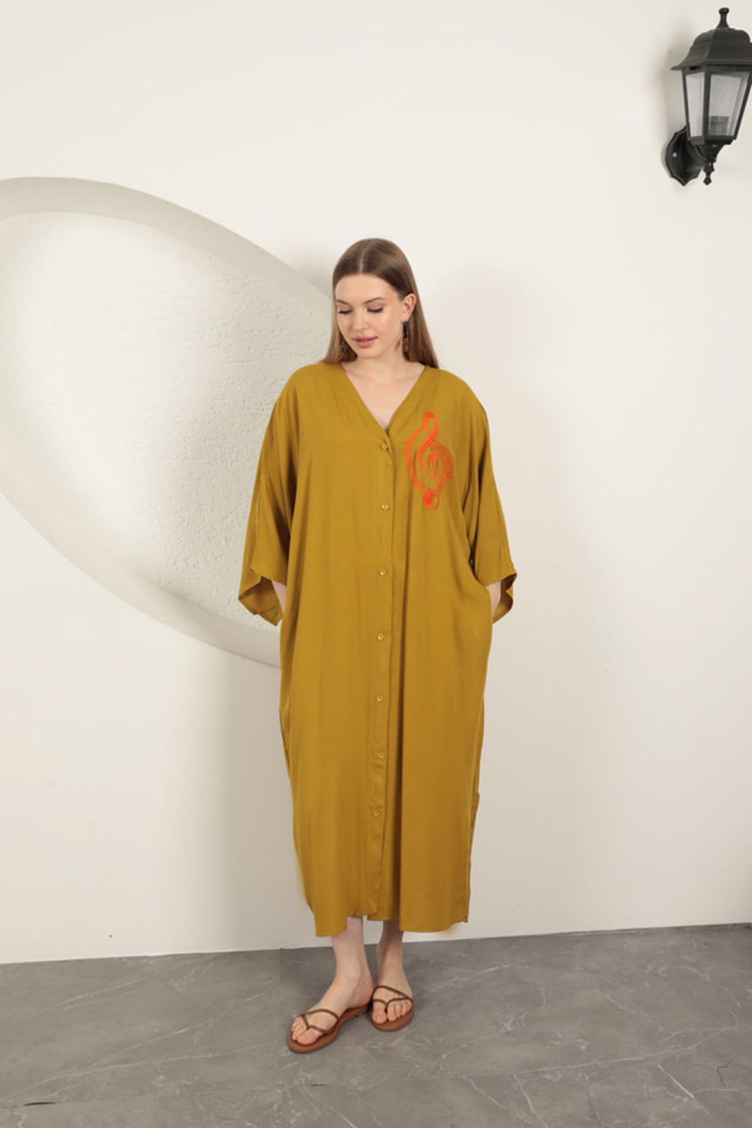 KKT Viscose Left Key Embroidered Dress-Mustard - Aurora