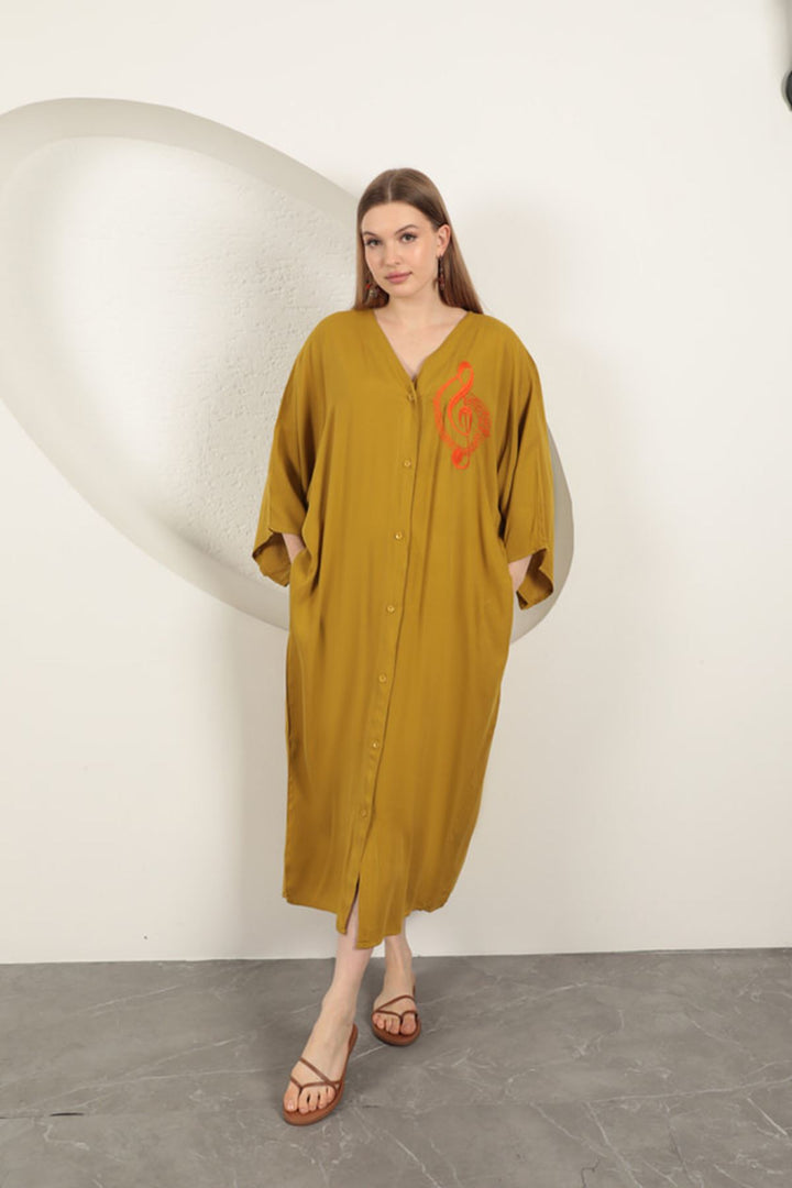 KKT Viscose Left Key Embroidered Dress-Mustard - Aurora