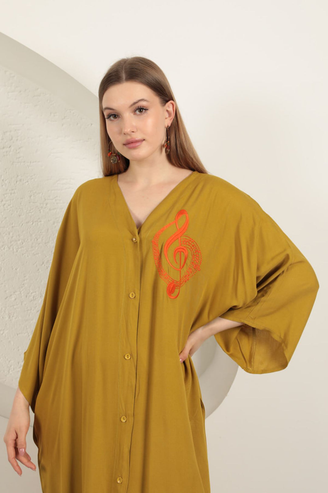 KKT Viscose Left Key Embroidered Dress-Mustard - Aurora