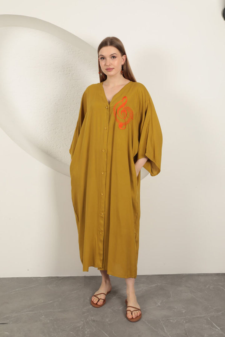 KKT Viscose Left Key Embroidered Dress-Mustard - Aurora