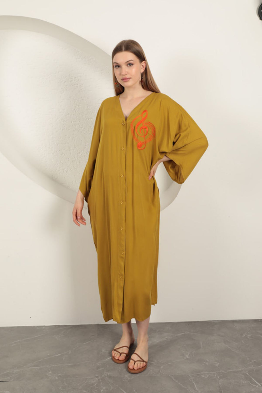KKT Viscose Left Key Embroidered Dress-Mustard - Aurora