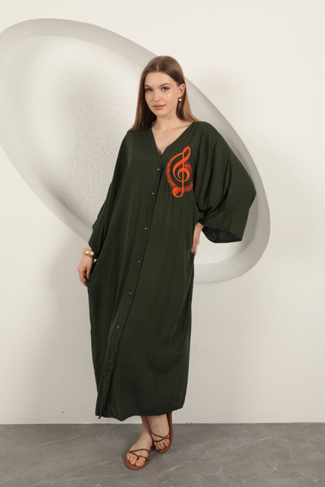 KKT Viscose Left Key Embroidered Dress-Khaki - Cortlandt