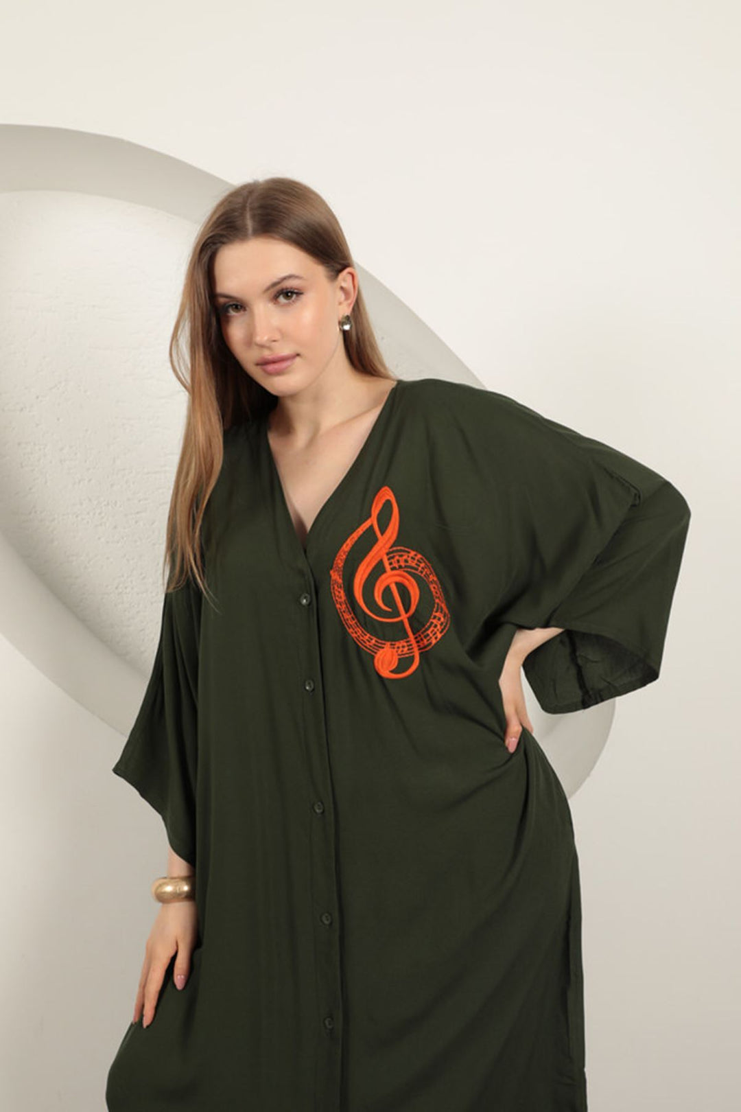 KKT Viscose Left Key Embroidered Dress-Khaki - Cortlandt