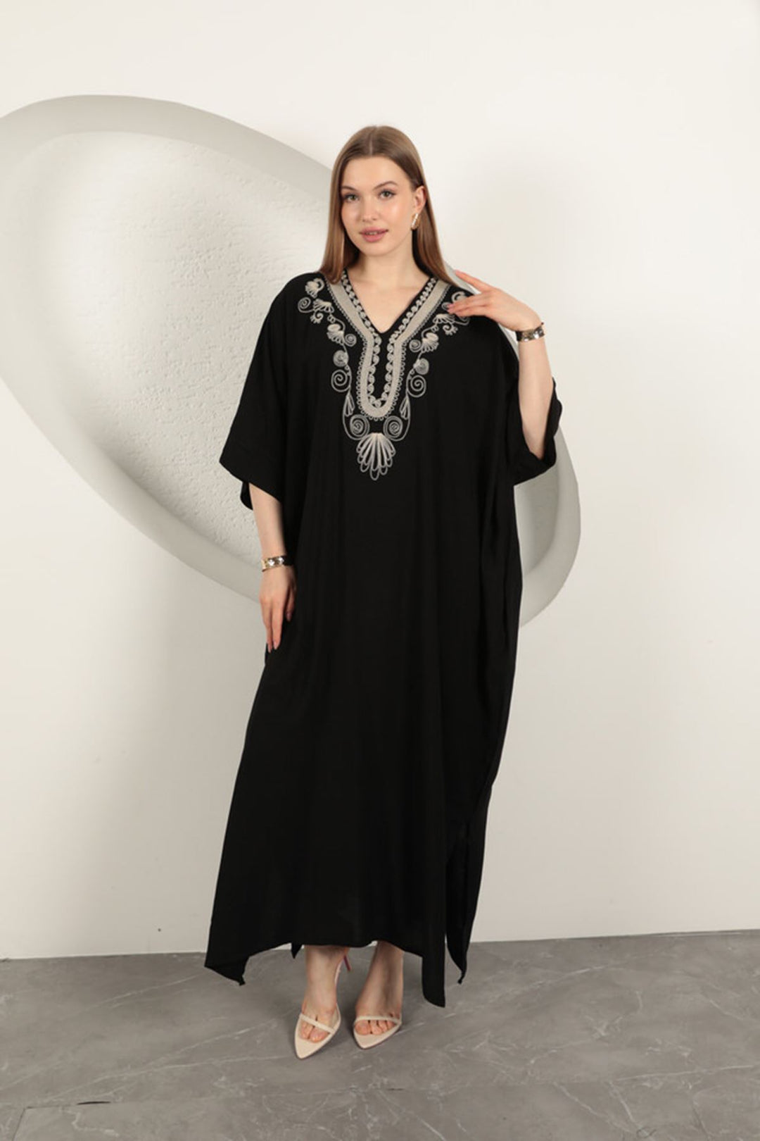 KKT Viscose Fabric Embroidered Dress-Black - Smyrna