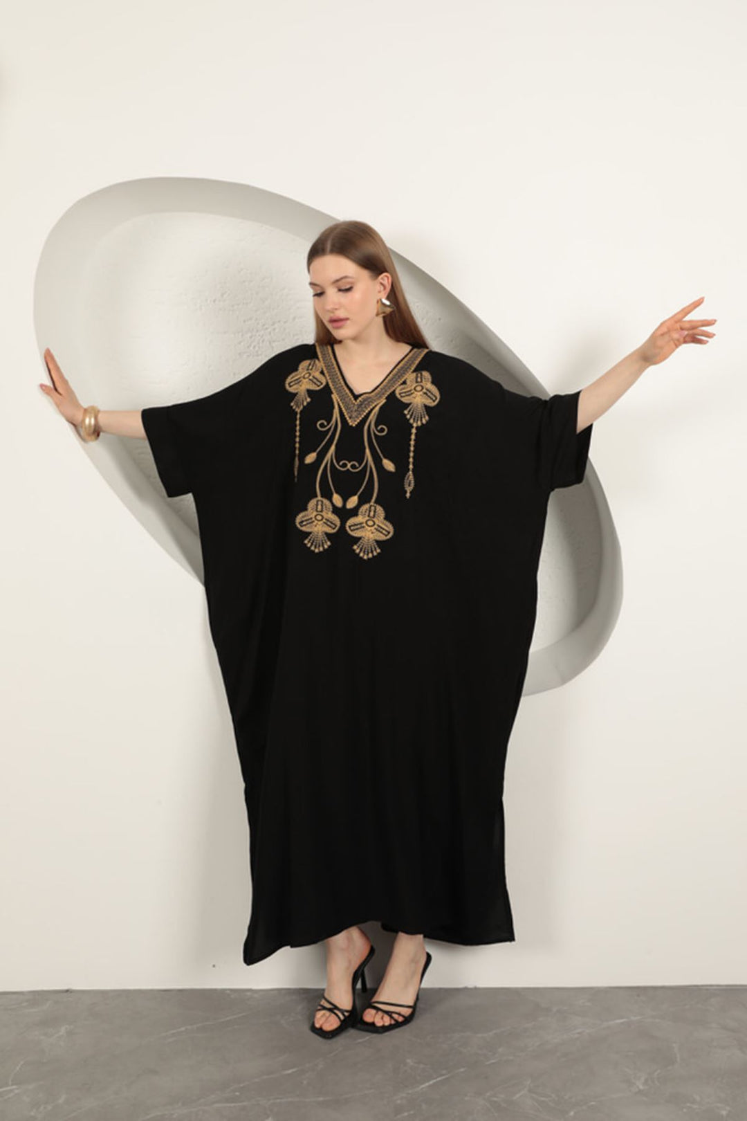 KKT Viscose Fabric Embroidered Dress-Black - Tonalá
