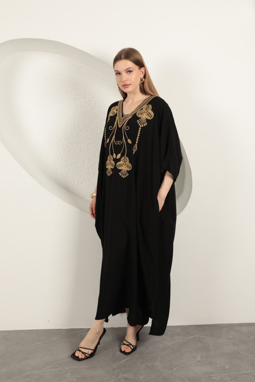KKT Viscose Fabric Embroidered Dress-Black - Tonalá