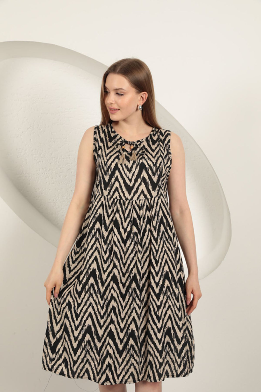 KKT Viscose Fabric Striped Dress-Beige - Princeton