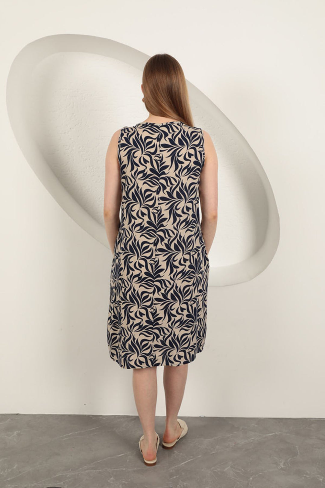 KKT Viscose Fabric Leaf Patterned Dress-Navy Blue - Waterlooville