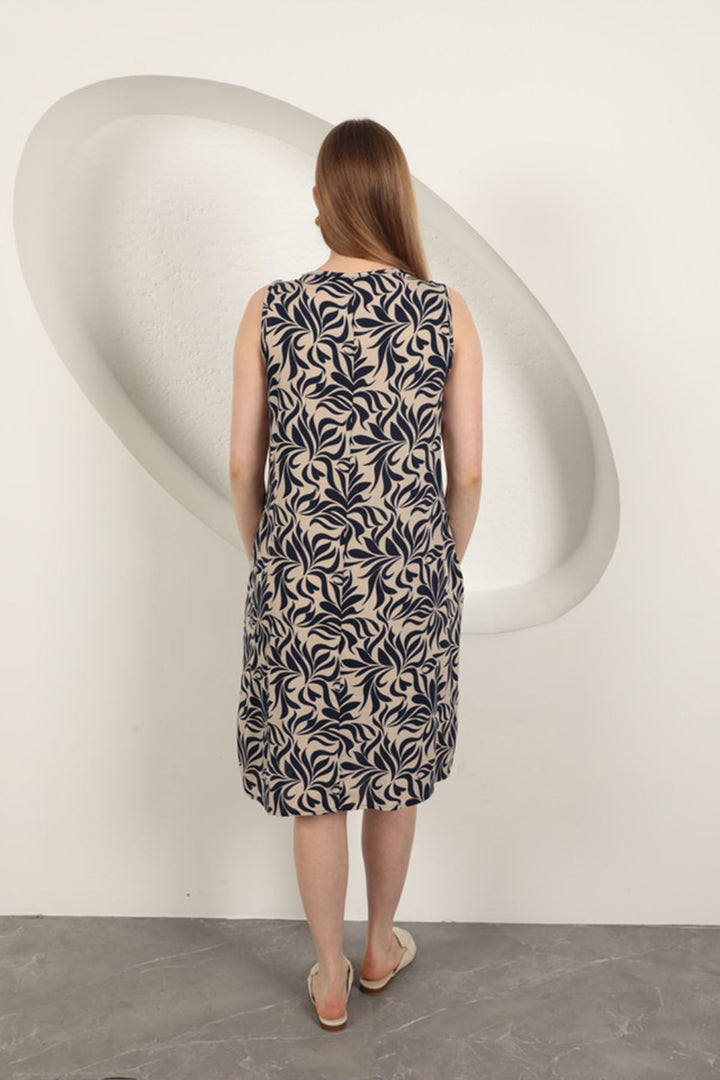 KKT Viscose Fabric Leaf Patterned Dress-Navy Blue - Waterlooville
