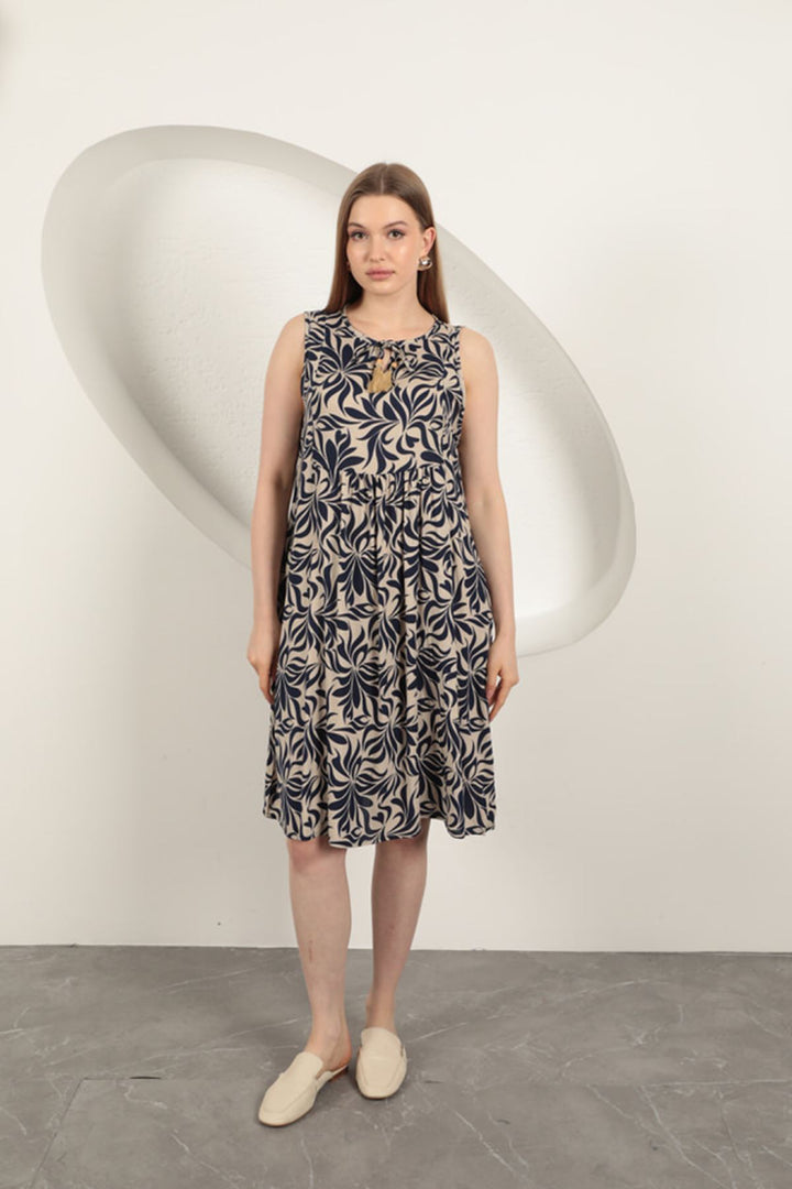 KKT Viscose Fabric Leaf Patterned Dress-Navy Blue - Waterlooville