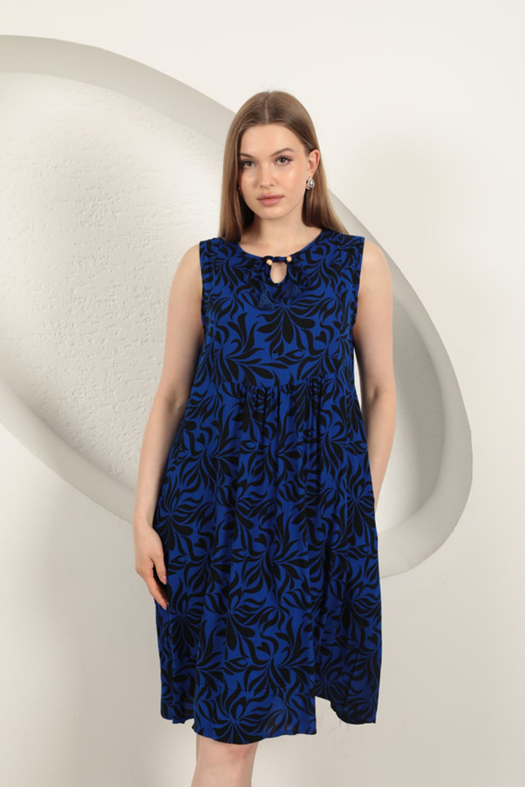 KKT Viscose Fabric Leaf Patterned Dress-Sax - Oyster Bay