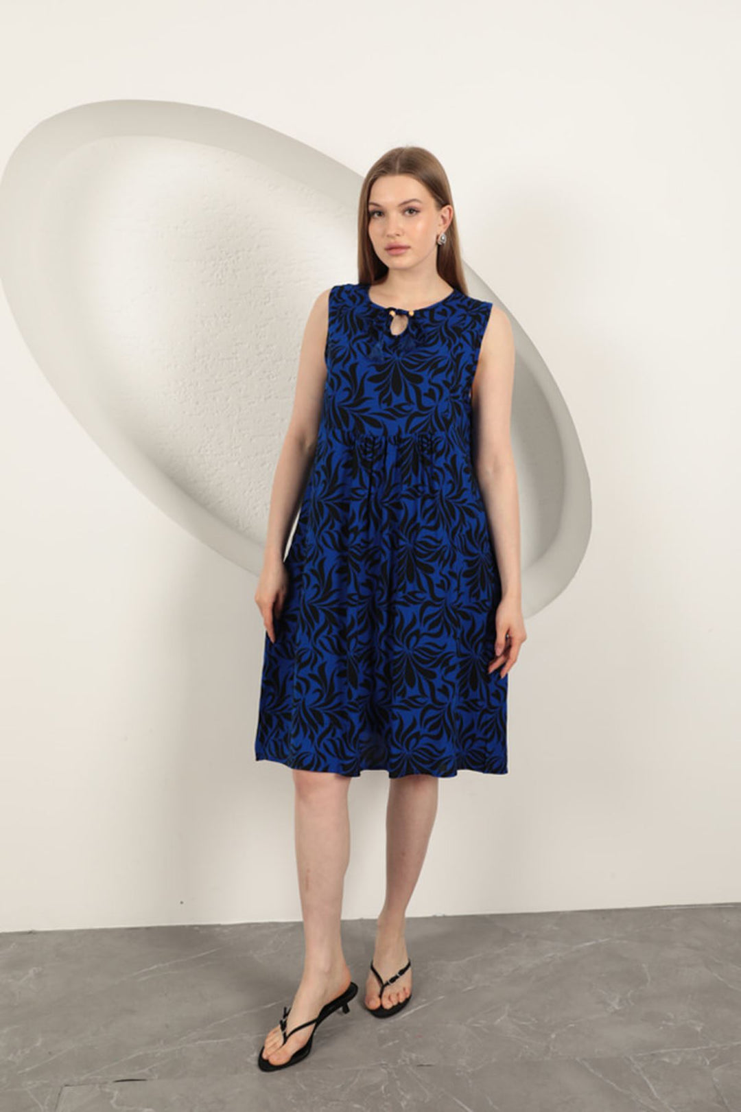 KKT Viscose Fabric Leaf Patterned Dress-Sax - Oyster Bay