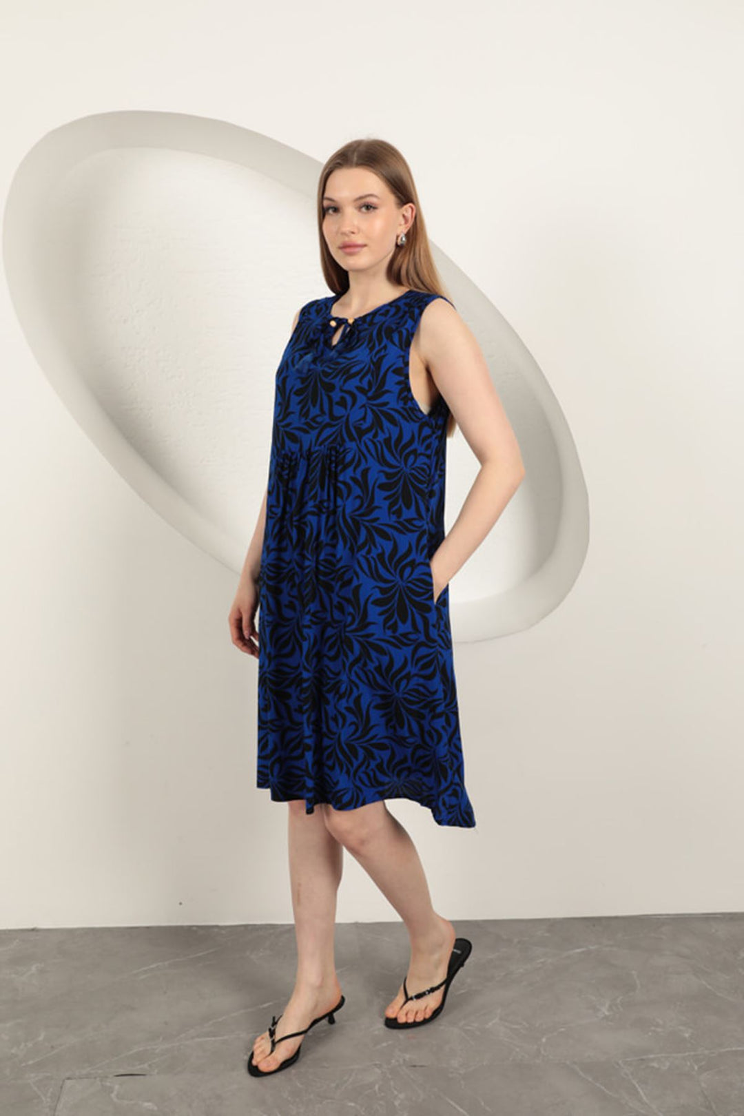 KKT Viscose Fabric Leaf Patterned Dress-Sax - Oyster Bay