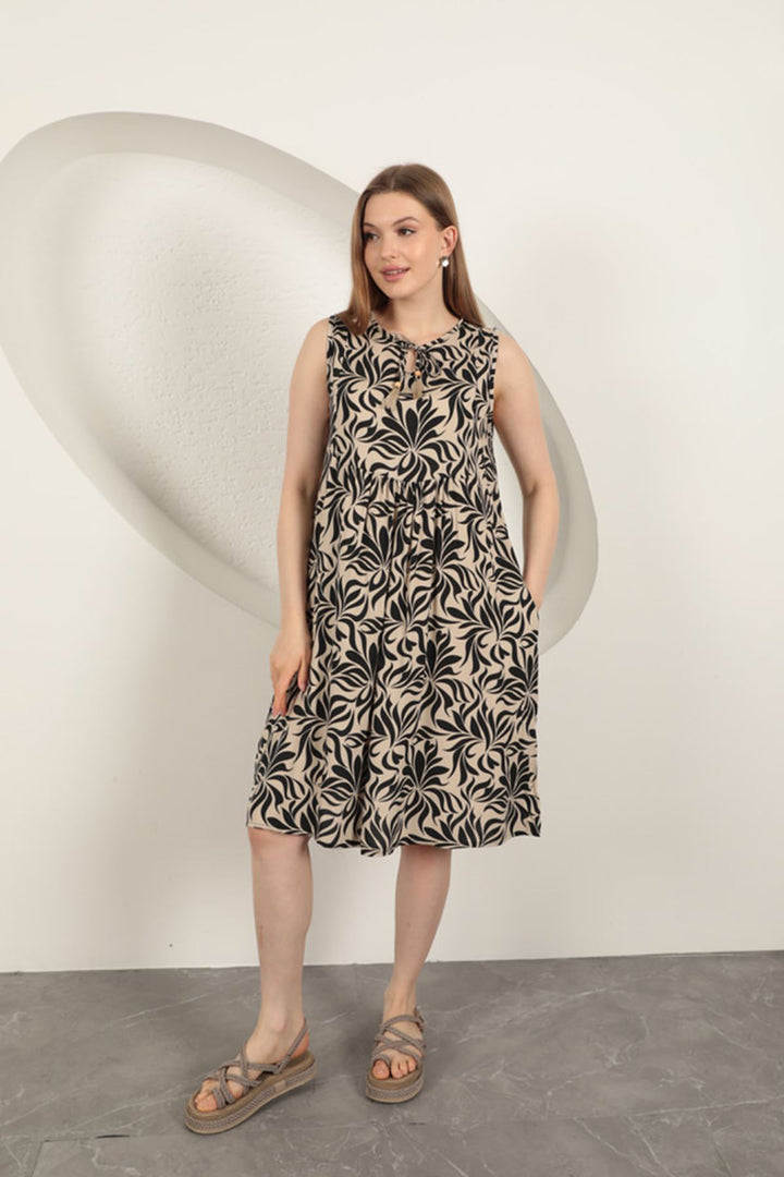 KKT Viscose Fabric Leaf Patterned Dress-Beige - Town Country