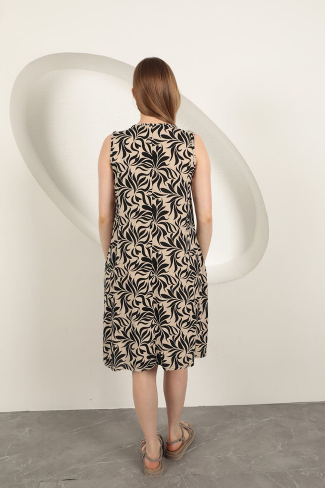 KKT Viscose Fabric Leaf Patterned Dress-Beige - Town Country