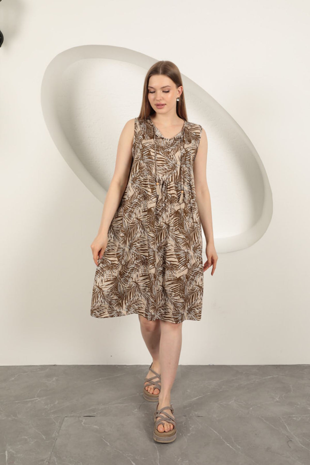 KKT Viscose Fabric Palm Tree Pattern Dress-Coffee - Hobbs