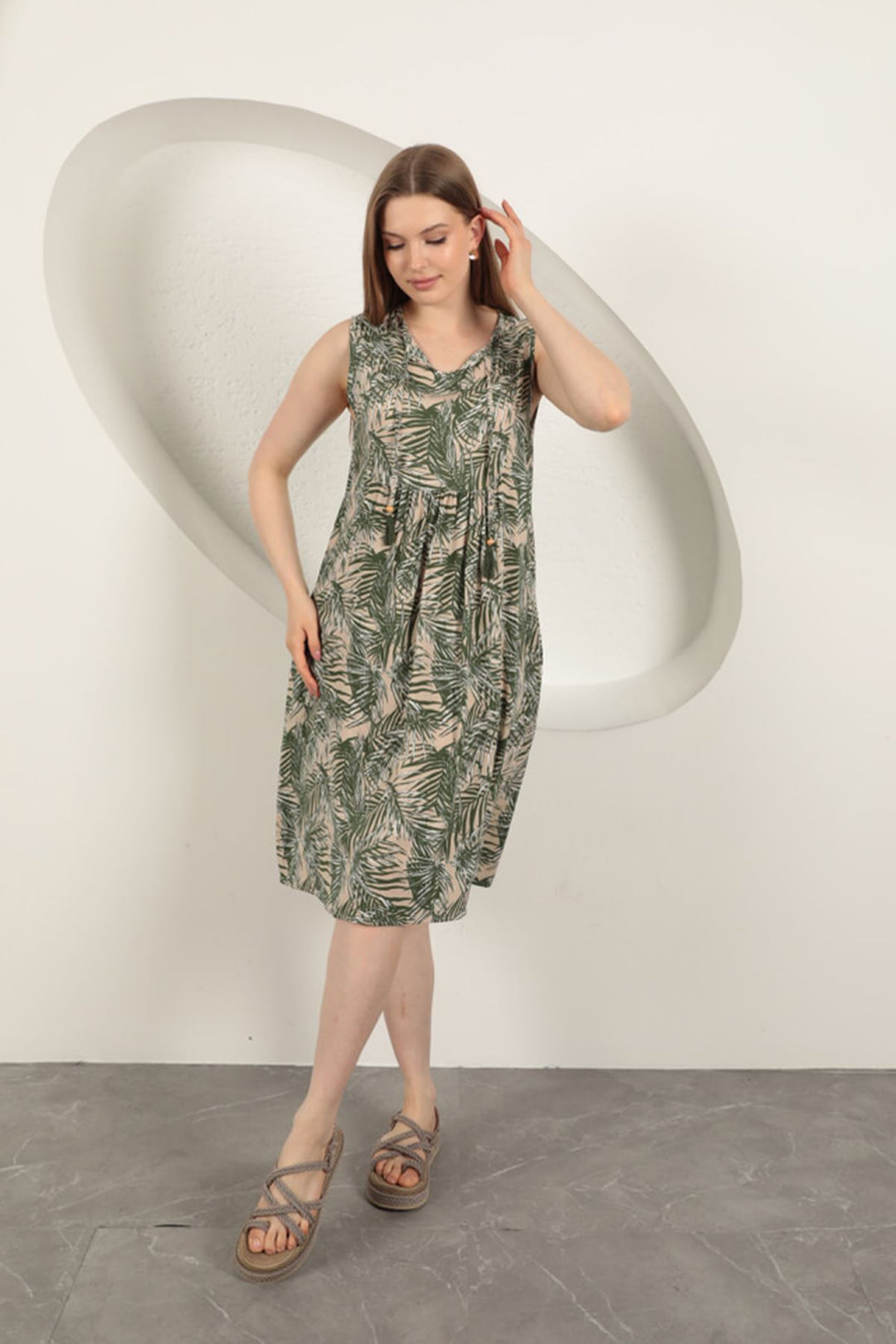 KKT Viscose Fabric Palm Tree Pattern Dress-Green - Winchester