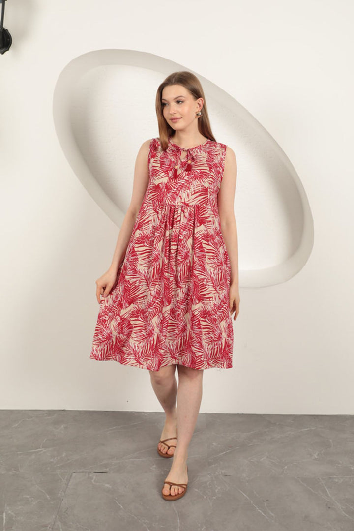 KKT Viscose Fabric Palm Pattern Dress-Red - Diamond Bar